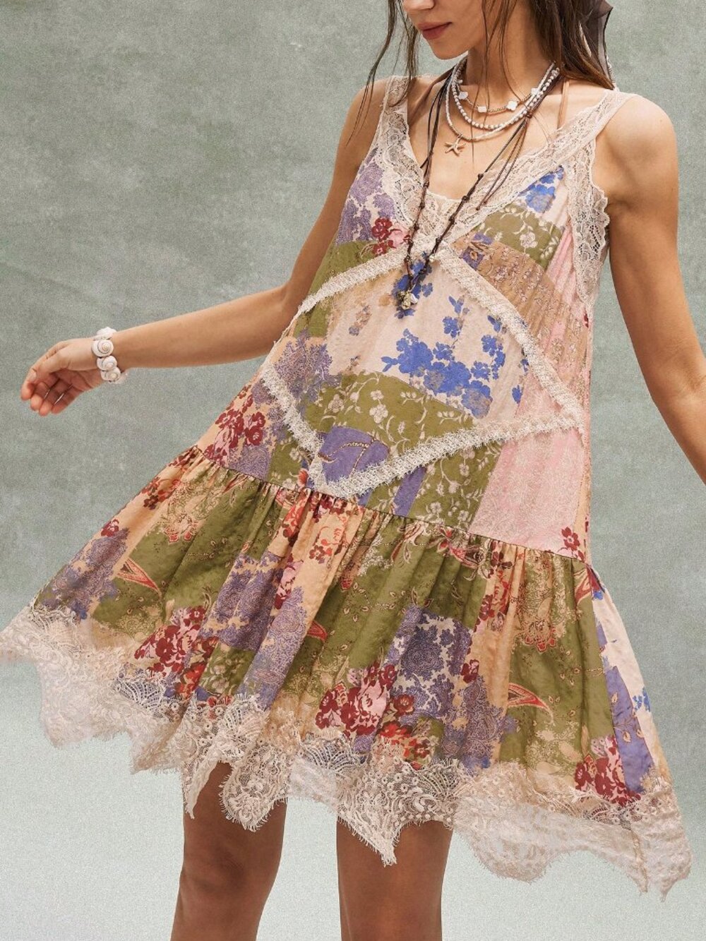 Apricot Boho Women's Casual Floral Print Lace Patchwork Sleeveless Mini